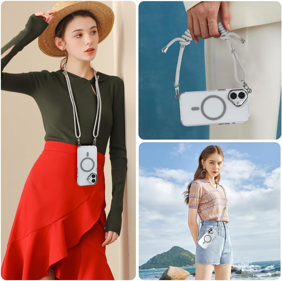 for iPhone 16 Case with 62.99 inch Lanyard, Classic Clear&Gray Magnetic Phone Case, Drop&Shockproof Protection Cases, Phone Lanyard for Around The Neck, Compatible with Magnet Accessory