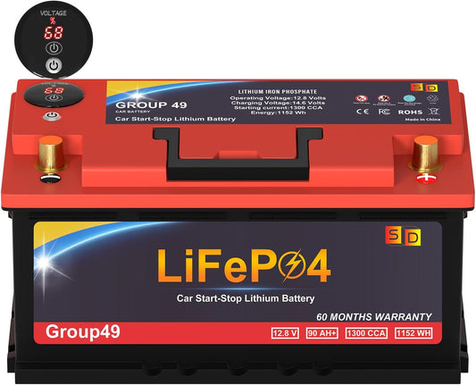 Car Battery GROUP 49 Start and Stop Lithium-ion Car Battery, 12.8V 90Ah 1300CCA LiFePO4 Automotive Battery For Car, With LED Display and Emergency Start Button 60 Months Warranty