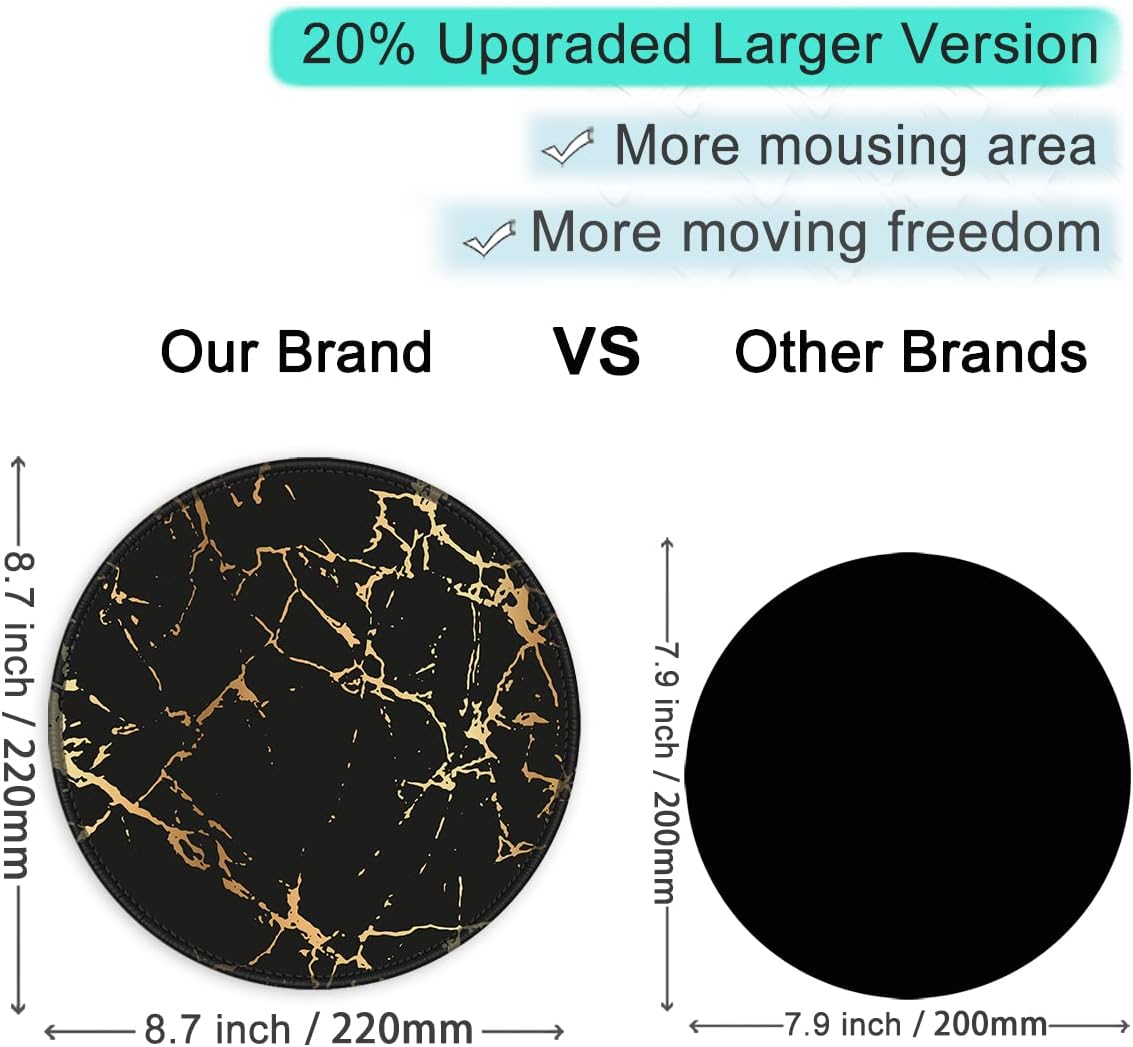 ITNRSIIET Round Mouse Pad with Stitched Edge Premium-Textured Waterproof Non-Slip Rubber Base Desktop Protection Mat Diameter 8.7 inches, Gold Texture Black Marble