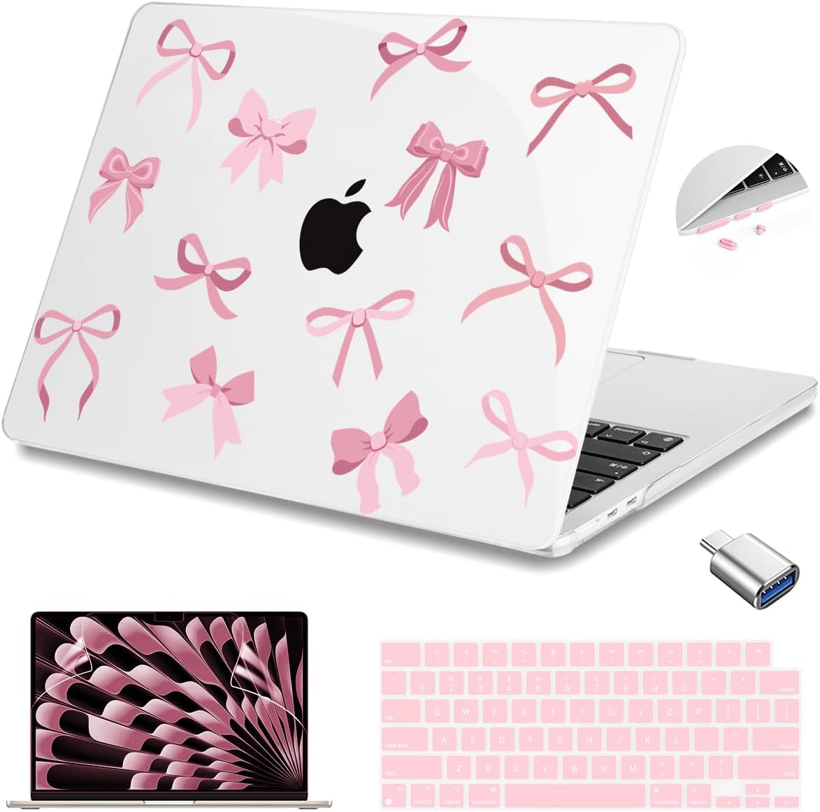 Teryeefi for M4 M3 M2 MacBook Air 15 inch Case 2025 2024 2023 Release fits Model A3241 A3114 A2941, Design Hard Shell Cover & Keyboard Cover & Screen Protector & OTG Adapter - Cute Pink Bows