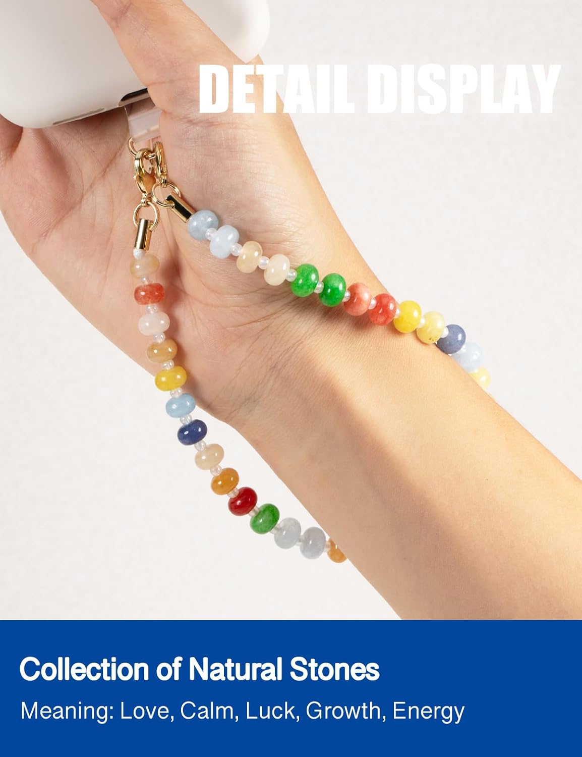 Handmade Natural Gemstone Crystal Beaded Charm Cell Phone Camera Lanyard, Hands-Free Wrist Strap, Phone Chain String, Keychain Decor for Walle (Colorful Candy)