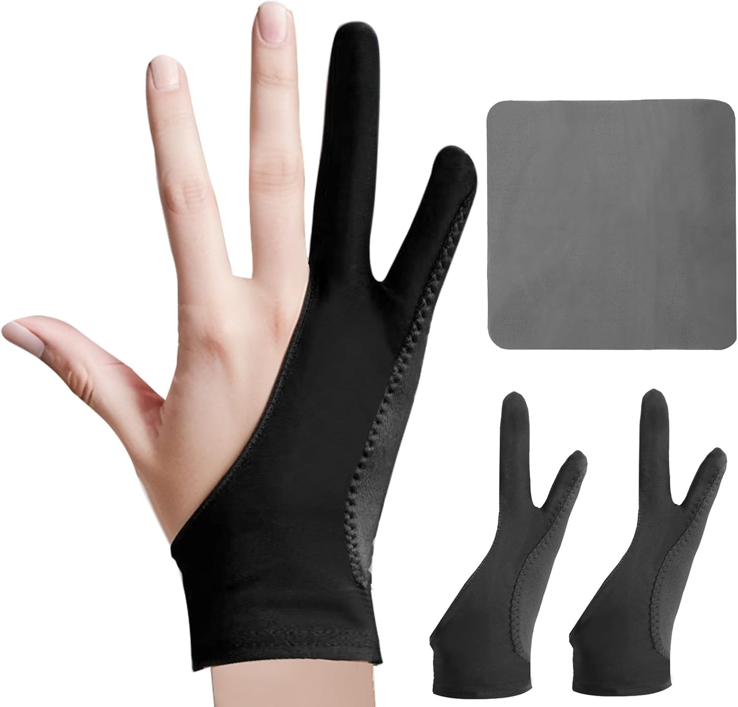 Digital Drawing Glove: 3-Layer Palm Rejection, Two-Finger Artist Glove for Drawing Tablet, iPad, Paper Sketching, Fits Left and Right Hand, Includes Cleaning Cloth(2 Pack,Black,Small)