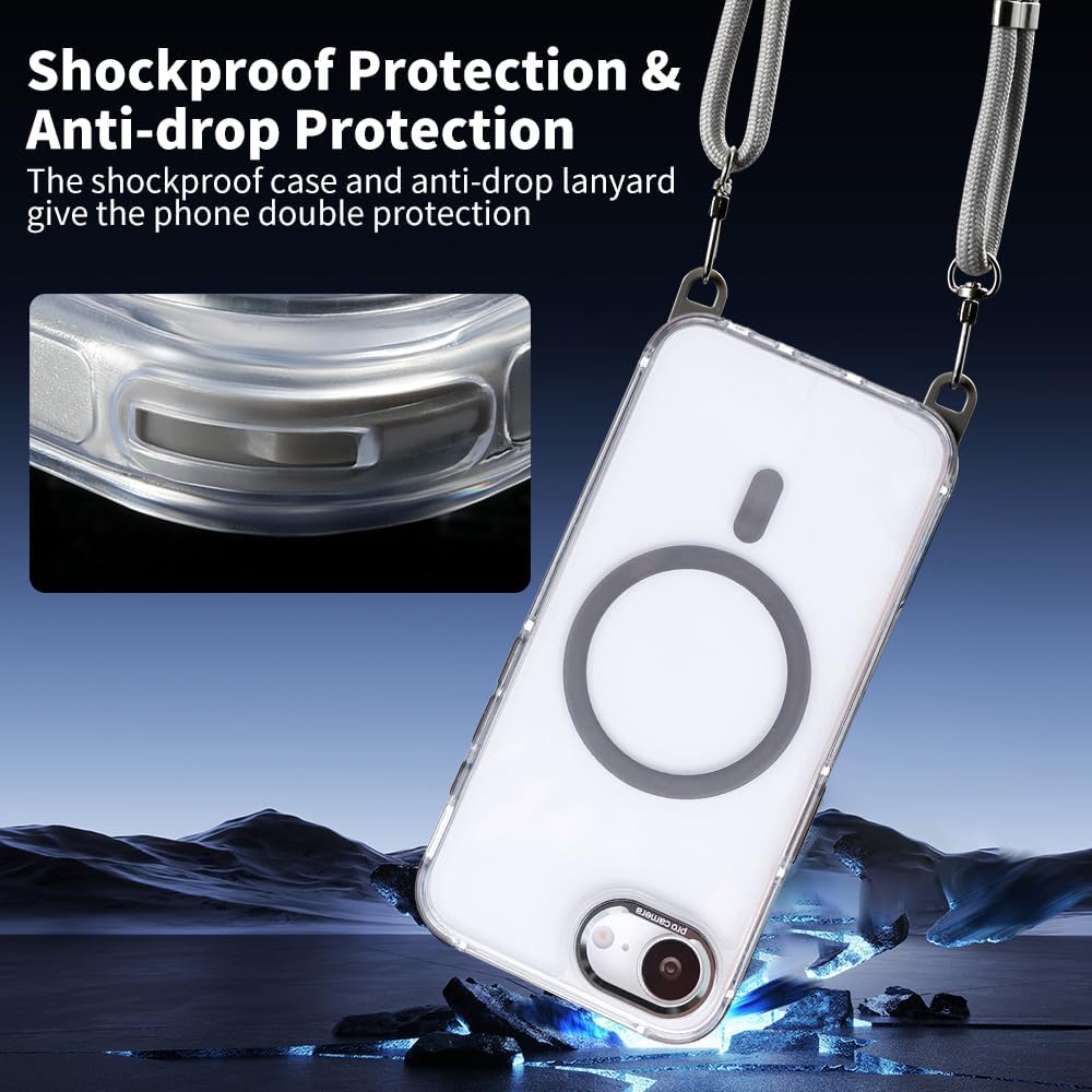 for iPhone 16e Case with Adjustable Phone Lanyard Strap, Compatible with MagSafe, Shockproof Military-Grade Protection, Magnetic Phone Case, Classic Clear Gray Hybrid Case, Yellowing Resistant