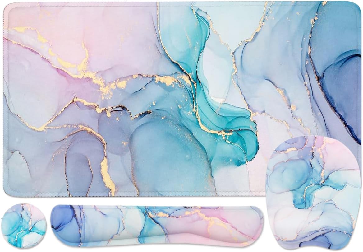 Keyboard Wrist Rest Large Mouse Pad Wrist Support for Computer, 4 in 1 Memory Foam Keyboard Pad Desk Mat Ergonomic Hand Rest Wrist Cushion for Home Office Gaming - Blue Marble