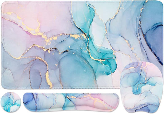 Keyboard Wrist Rest Large Mouse Pad Wrist Support for Computer, 4 in 1 Memory Foam Keyboard Pad Desk Mat Ergonomic Hand Rest Wrist Cushion for Home Office Gaming - Blue Marble