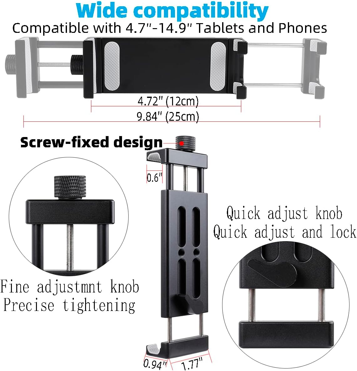 All-Aluminum Heavy Duty Drill Base Tablet Holder Mount for 4.7"-15" iPad Pro,Mini,Samsung Galaxy Tab, Surface, 360°Adjustable 2-Stage Arm Car Stand for Truck Dashboard Wall Desk Commercial Vehicle