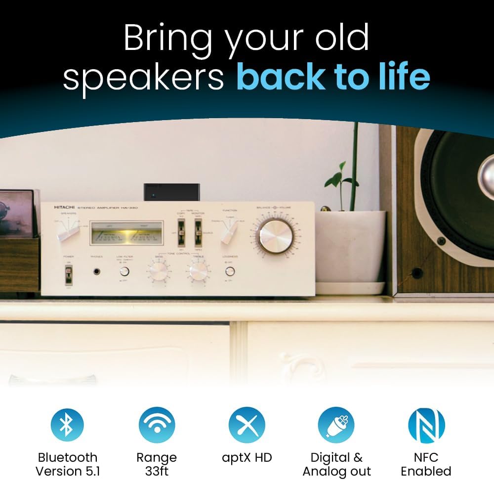 B1 Bluetooth Stereo Receiver,aptx LL, Hi-Fi V5.1 Audio Receiver, TI DAC for Analog Stereo RCA Output with Long Range, Digital Coaxial and Optical Output with NFC