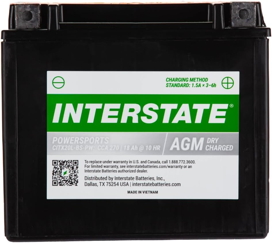 Interstate Batteries YTX20HL-BS 12V 18Ah Powersports Battery 270CCA High-Performance AGM Rechargeable Replacement for Motorcycles, ATVs, UTVs, Jet Skis, Snowmobiles (CITX20L-BS-PW)