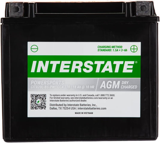 Interstate Batteries YTX20HL-BS 12V 18Ah Powersports Battery 270CCA High-Performance AGM Rechargeable Replacement for Motorcycles, ATVs, UTVs, Jet Skis, Snowmobiles (CITX20L-BS-PW)