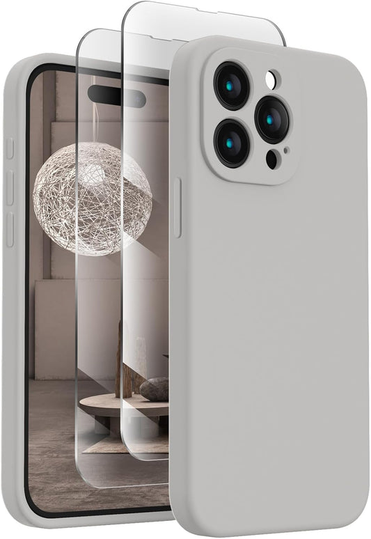 FireNova Designed for iPhone 15 Pro Case, Silicone Upgraded [Camera Protection] Phone Case with [2 Screen Protectors], Soft Anti-Scratch Microfiber Lining Inside, 6.1 inch, Natural Titanium