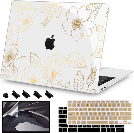 Teryeefi Compatible with 2018 2019 2020 MacBook Air 13 inch Case M1 Chip A2337 A2179 A1932 Retina Display Touch ID, Plastic Hard Shell & Keyboard Cover & Screen Protector,Gold Floral Leaf