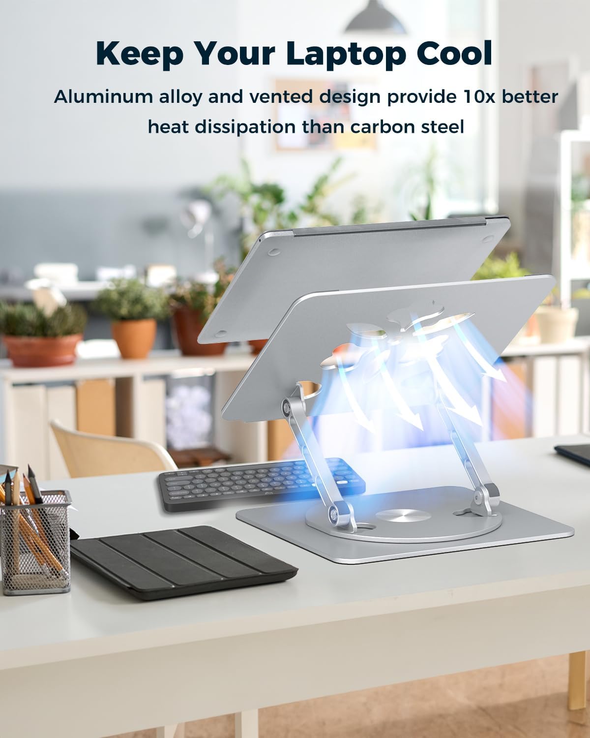Adjustable Laptop Stand for Desk - Portable Laptop Riser with Rotating Base, Foldable Aluminum Computer Stand, Ergonomic Laptop Holder for MacBook Pro/Air Dell HP Lenovo Notebook up to 16" (Silver)