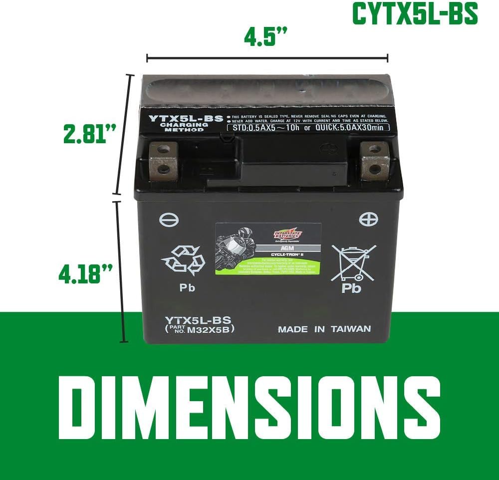 Interstate Batteries YTX5L-BS 12V 4Ah Powersports Battery 80CCA AGM Rechargeable Replacement for Kawasaki, Polaris, KTM Motorcycles, ATVs, Scooters, Bikes (CYTX5L-BS/CITX5L-BS)