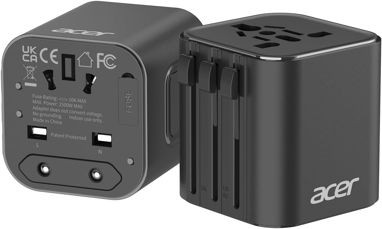 Acer European Travel Plug Adapter，Universal Travel Adapter, International Power Adapter for USA to Europe UK France Germany Spain Ireland Australia (Type C/G/A/I),Black