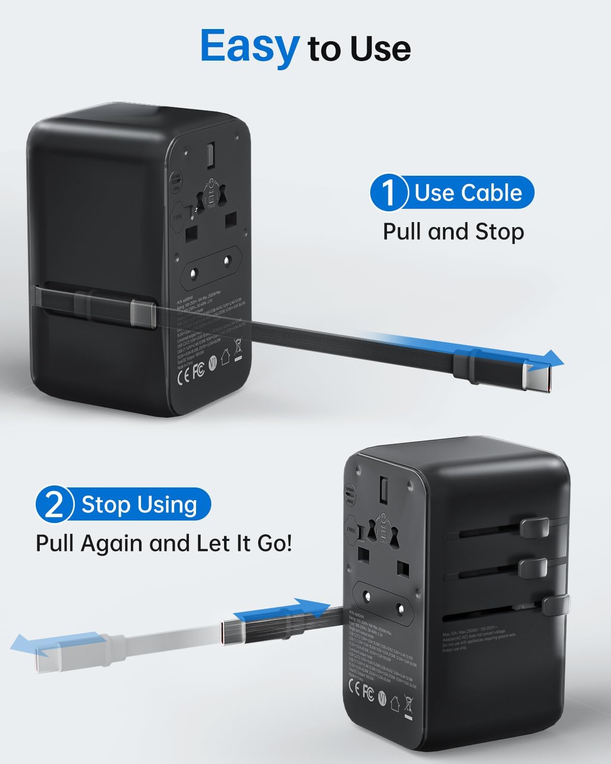 DOACE Universal Travel Adapter, 100W GaN 3.0 European Travel Plug Adapter with Built-in USB-C Cable, 6 in 1 International Power Adapter with 5 USB Ports for EU/UK/USA/AUS(Black)