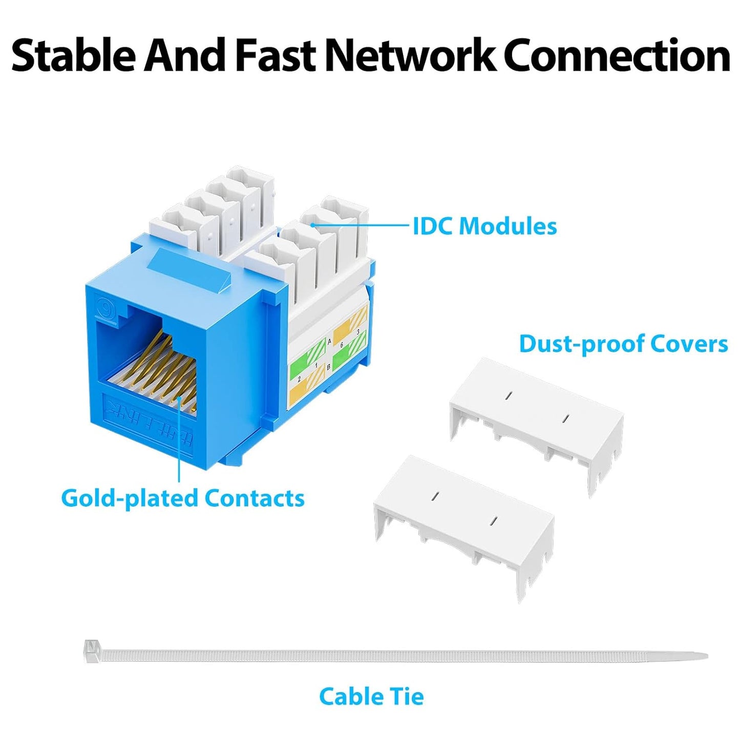iwillink 10Gbps Cat6 Keystone Jack and Punch-Down Stand, 50-Pack, RJ45 Ethernet Keystone Jacks, 90-Degree UTP Modular Punch Down Keystone Jack Adapter, Blue