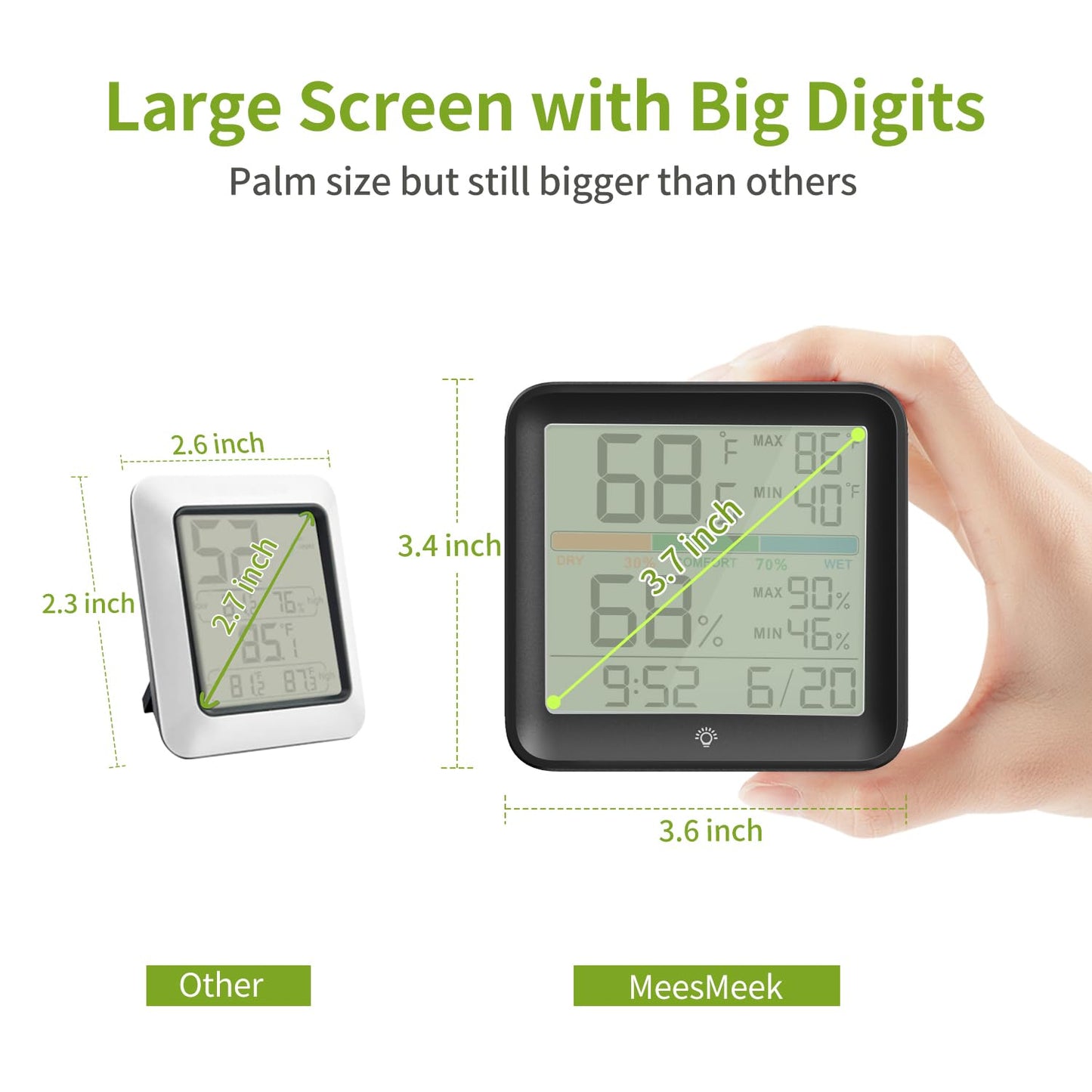 Indoor Thermometer Room Temperature Home Hygrometer Humidity Gauge, Accurate Calibration, Backlight, Air Comfort Indicator, Max Min Records, Time, Date (1, Black, 3.6" W x 3.4" H)