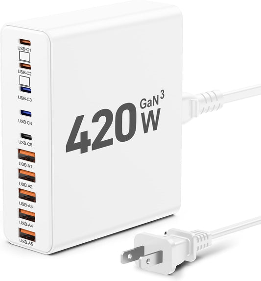 420W USB C Charger Block,10-Port Charging Station GaN Fast Charging Type C & USB A Wall Charger Adapter for MacBook Pro/Air,iPhone,iPad,Dell XPS,Samsung Galaxy(White)