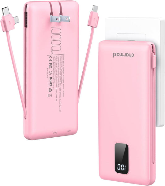 Charmast Portable Charger with Built-in Cables & Wall Plug, 10000mAh Portable Power Bank, External Battery Pack Travel Essentials Compatible with iPhone 16/15/14/13, Samsung, iPad etc