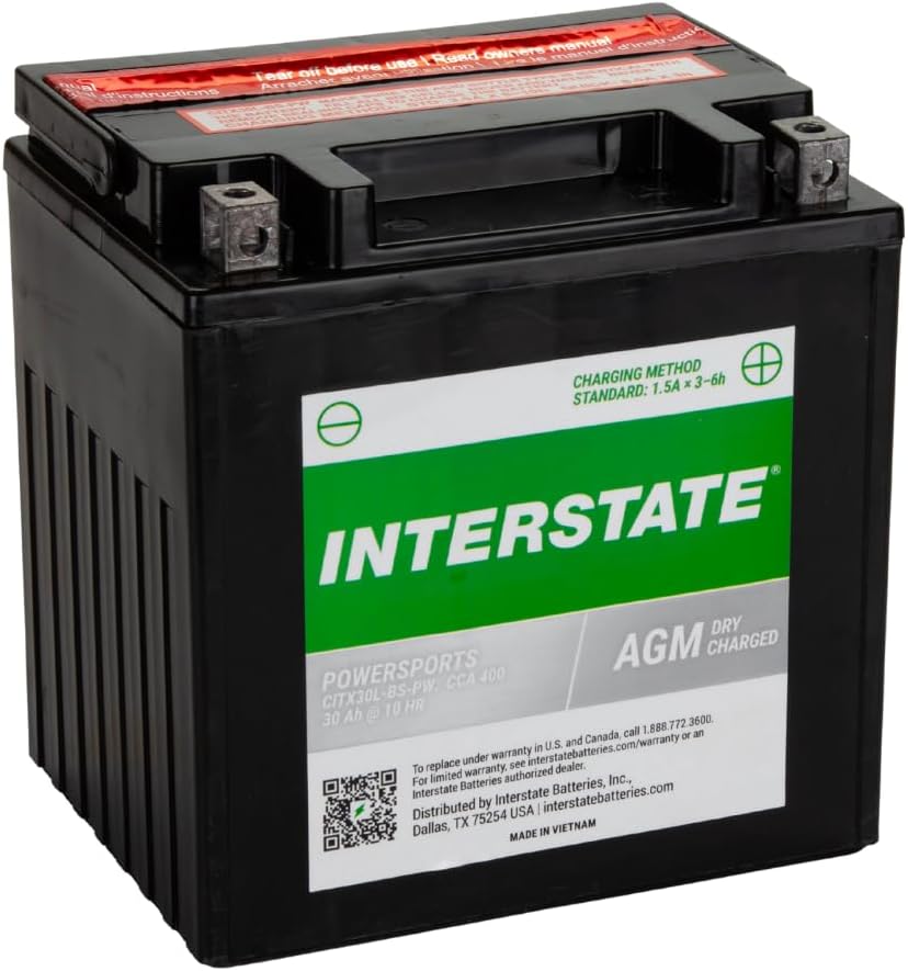 Interstate Batteries YIX30L-BS 12V 30Ah Powersports Battery 400CCA High-Performance AGM Rechargeable Replacement for Harley, Polaris, BMW Motorcycles, ATVs, UTVs, Snowmobiles (CITX30L-BS)