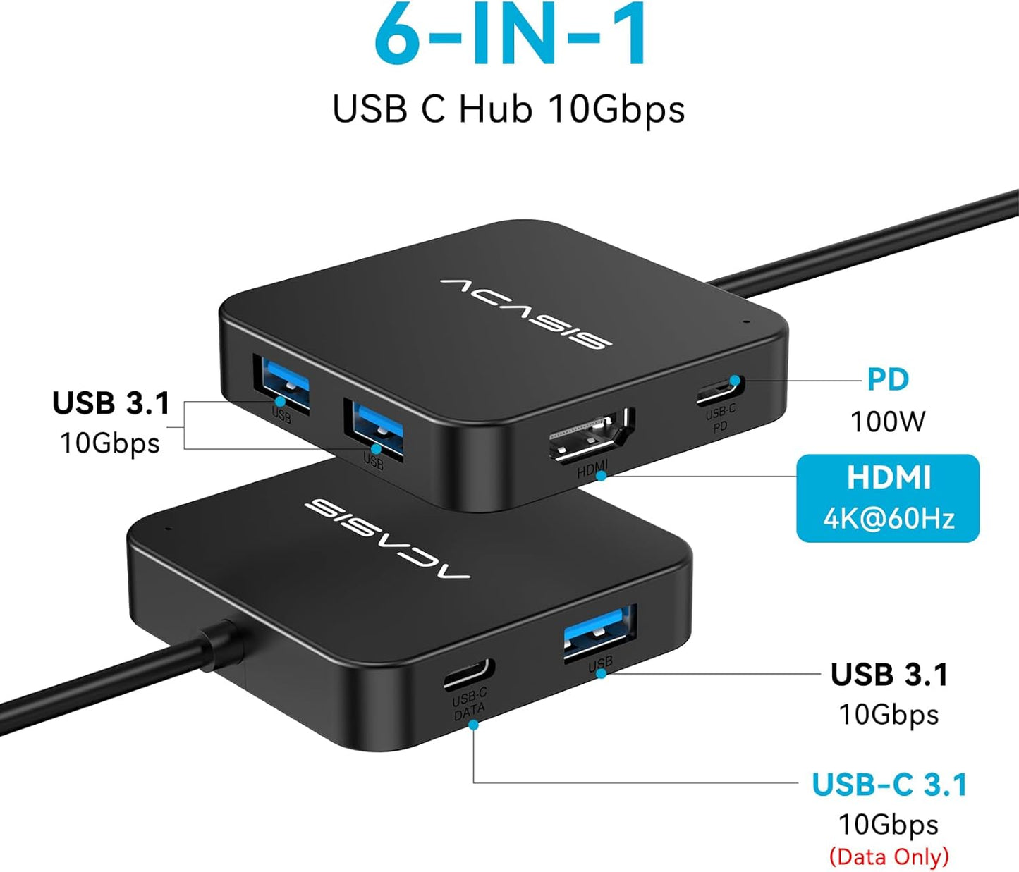 ACASIS USB C Hub 10Gbps, Multiport Adapter with 4K 60Hz HDMI, 100W Power Delivery, USB A3.2 Data Port, USB C to HDMI Adapter for MacBook, Dell, Lenovo, Surface, iPad PRO, XPS(Black)