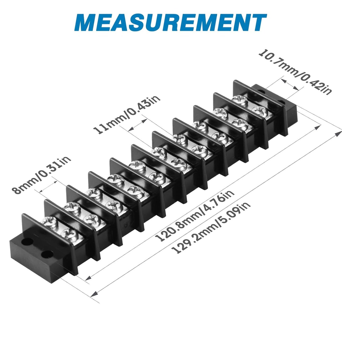 GLOSO Terminal Blocks Double Row Stainless 11 mm Pitch TBC, Marine Grade, 12-22 AWG Cu, 25A/300V - 1 Pack, 10 Poles