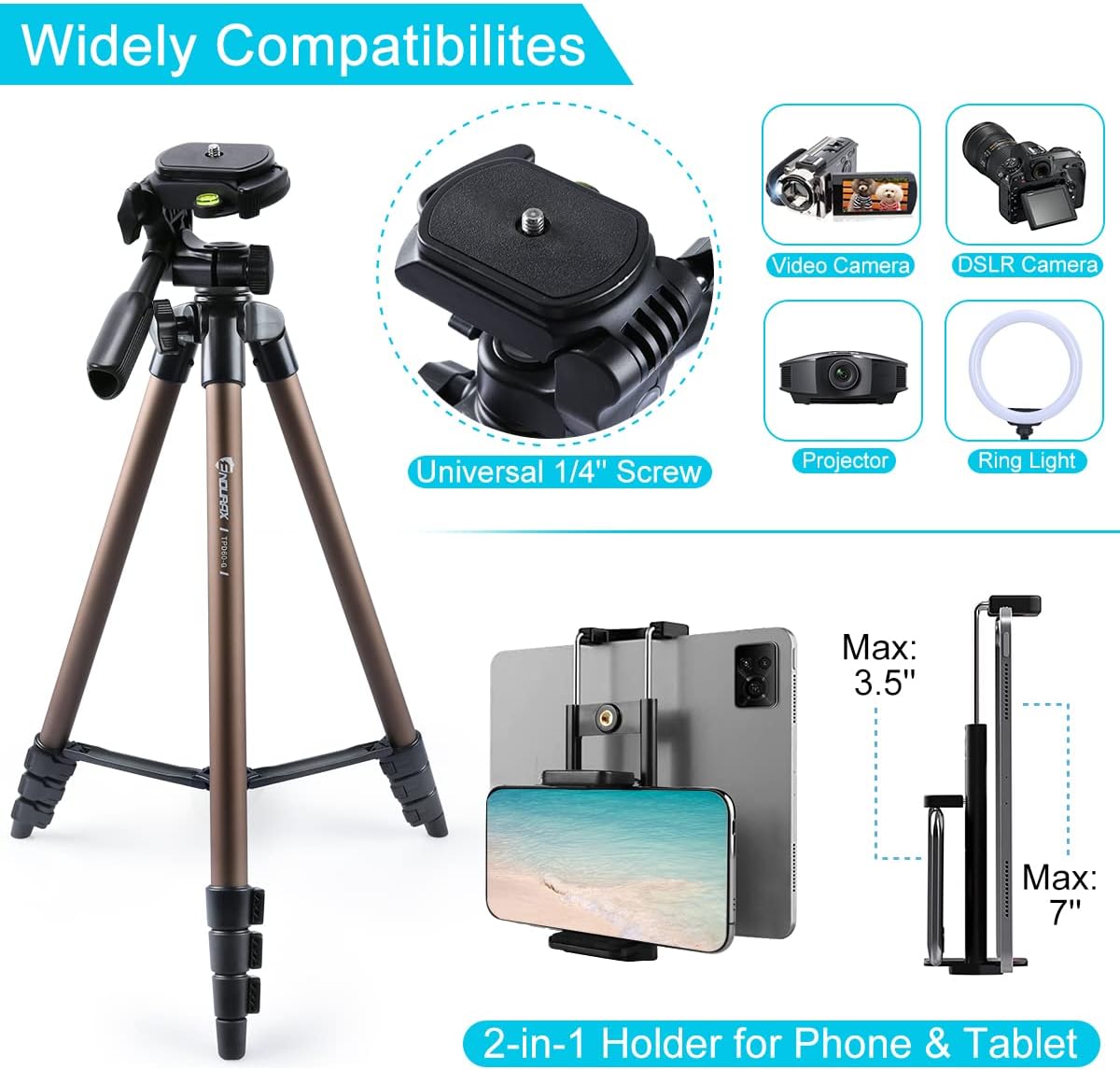 Endurax 60'' Tripod for Camera Canon Nikon DSLR, Camera Phone Tripod with Universal Holder, Carry Bag, Max. Load 6.6 lbs