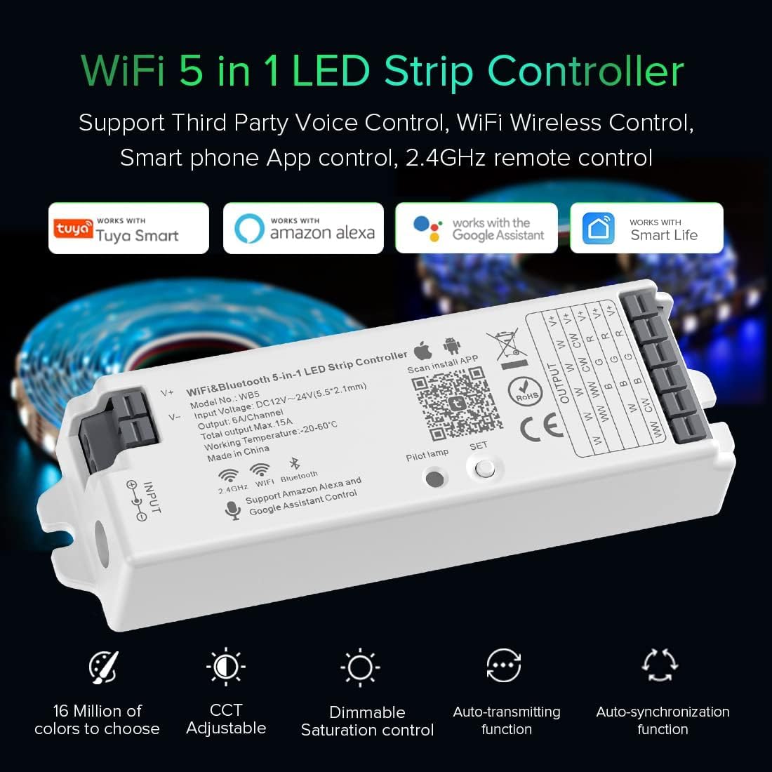 BTF-LIGHTING 5in1 WB5 2.4GHz Tuya WiFi PWM LED Controller Compatible with Alexa/Google Home/Smart Life/Tuya Smart APP Control for Dimming CCT RGB RGBW RGBCCT LED Strip Work with WR01RF WR02RF etc