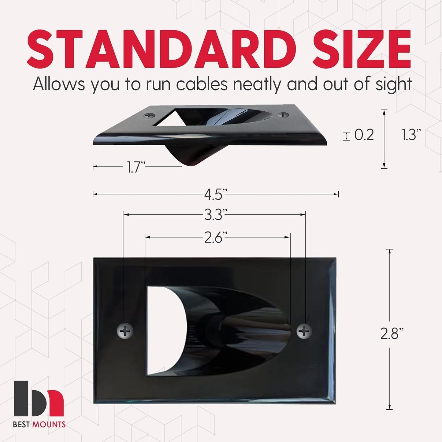 BestMounts - 2 Pack Inner Nose Behind Wall Cable Management TV Cord Hider for Wall Mounted TV - Single Gang Low Voltage Recessed Wall Plates Cable Pass Through for Wires, HDTV, HDMI (Black)