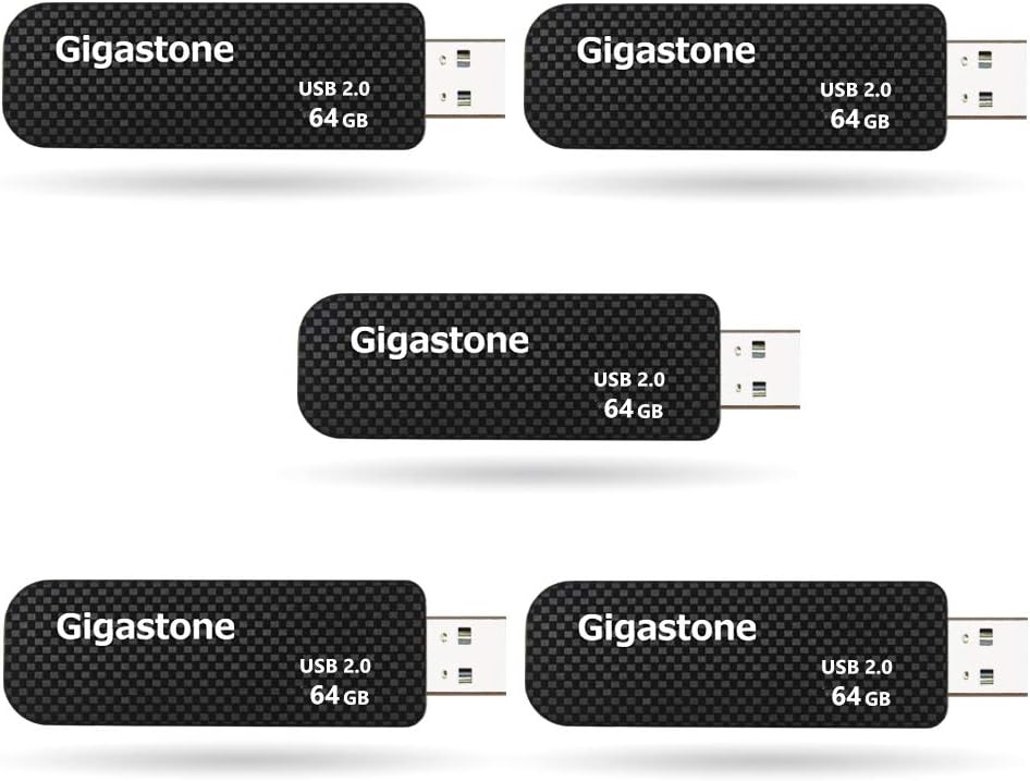 GIGASTONE V30 64GB USB 2.0 Flash Drive 5-Pack, Capless Retractable Design Pen Drive, Carbon Fiber Style, Reliable Performance & Durable