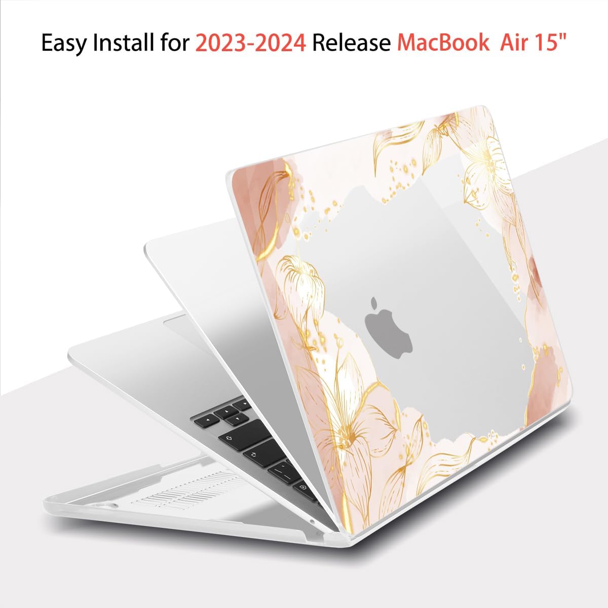 Teryeefi for MacBook Air 15 inch Case M4 M3 M2 Chip 2025 2024 2023 Released Model A3241 A3114 A2941, Designed Hard Shell Cover & Screen Protector & Keyboard Cover- Art Gold Floral Line