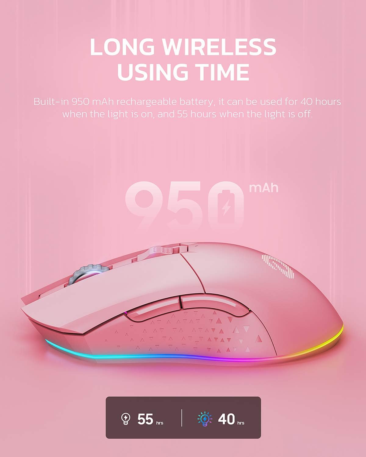 DAREU Pink Wireless Wired Gaming Mouse Dual-Mode Rechargeable 7 Programmable Buttons,10K DPI,RGB and 7 Adjustable DPI Levels up to [150IPS] [1000Hz Polling Rate] for PC Notebook Mac