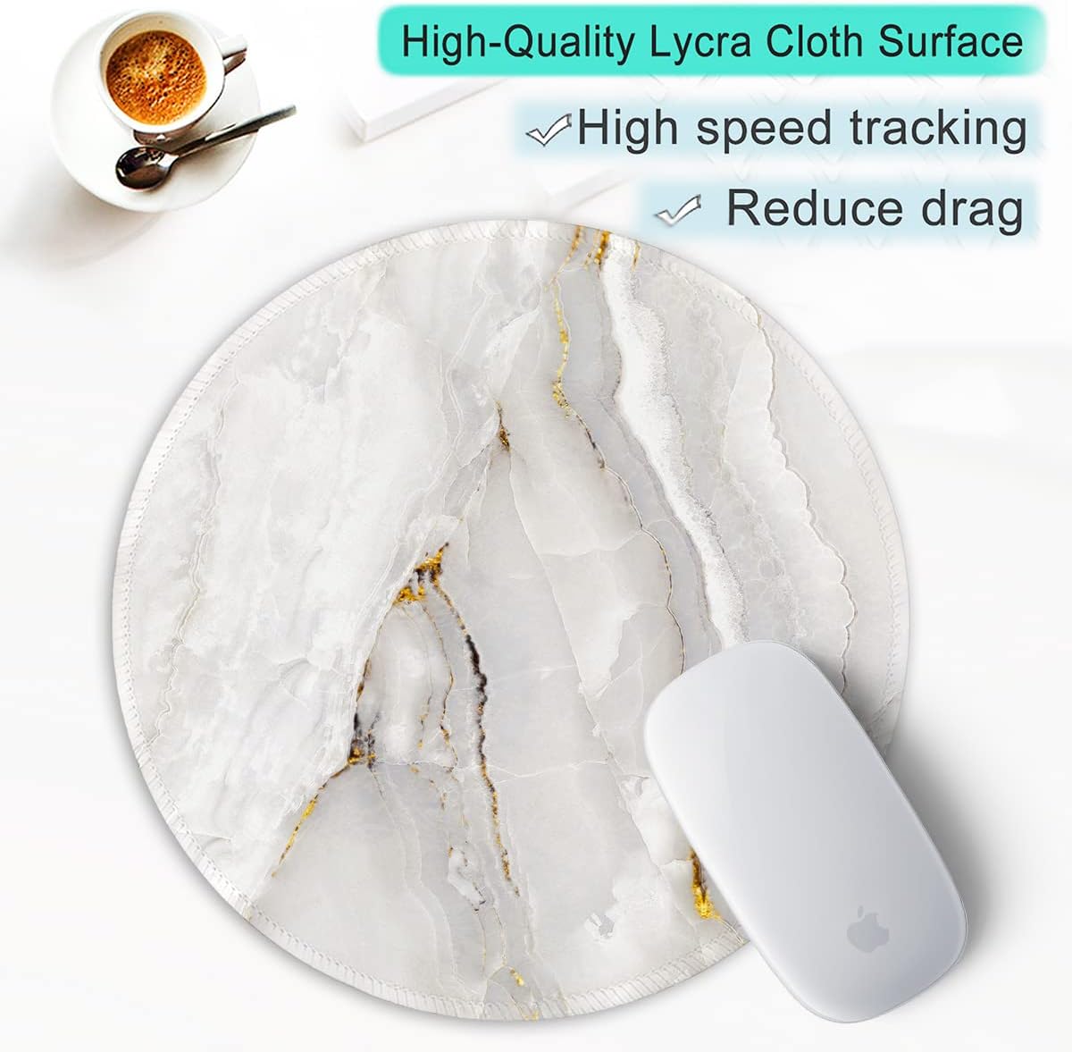 ITNRSIIET Round Mouse Pad with Stitched Edge Premium-Textured Waterproof Non-Slip Rubber Base Desktop Protection Mat Diameter 8.7 inches, White Textured Marble