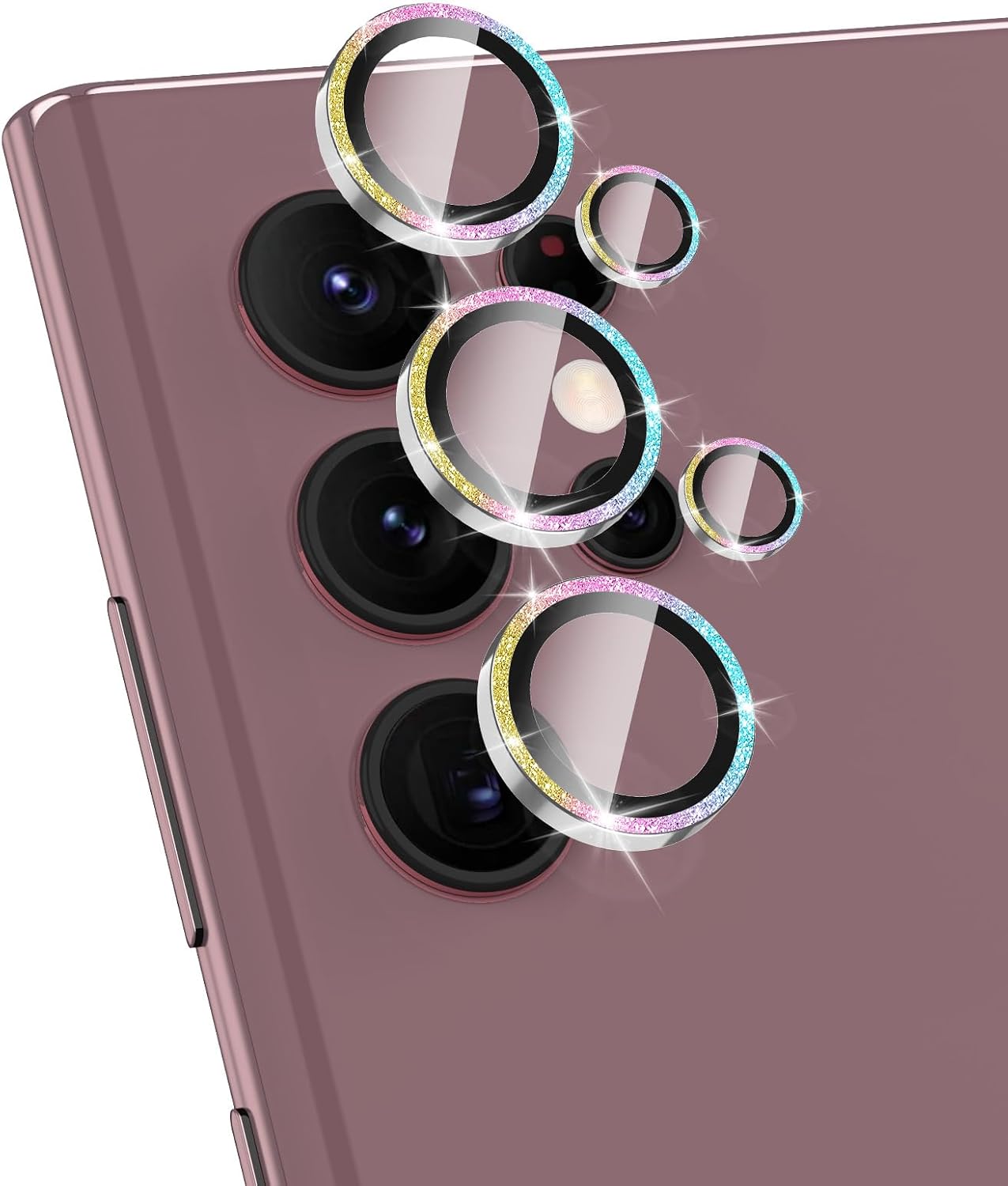 for Samsung Galaxy S22 Ultra Camera Lens Protector, Individual Metal Ring Tempered Glass Lens Cover, [Strong Adsorption] Scratch Resistant Ultra-Thin HD Clear Lens Cover,1 Set-Colorful Sparkly