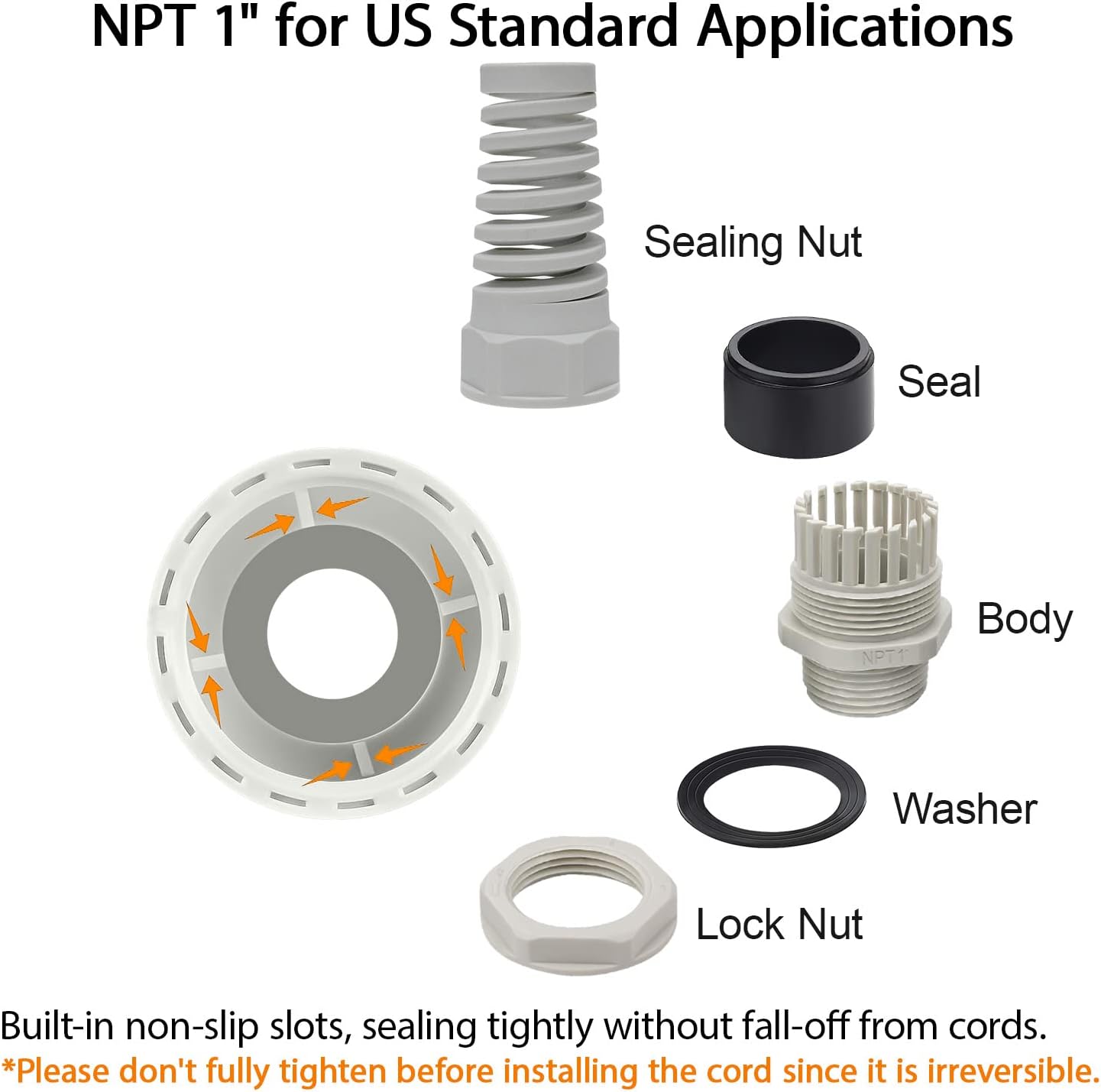 LeMotech 5Pcs NPT 1" IP68 Waterproof Cable Gland Flex Spiral Strain Relief Grey Nylon Joint with Gaskets for 18-25mm Wire Thread