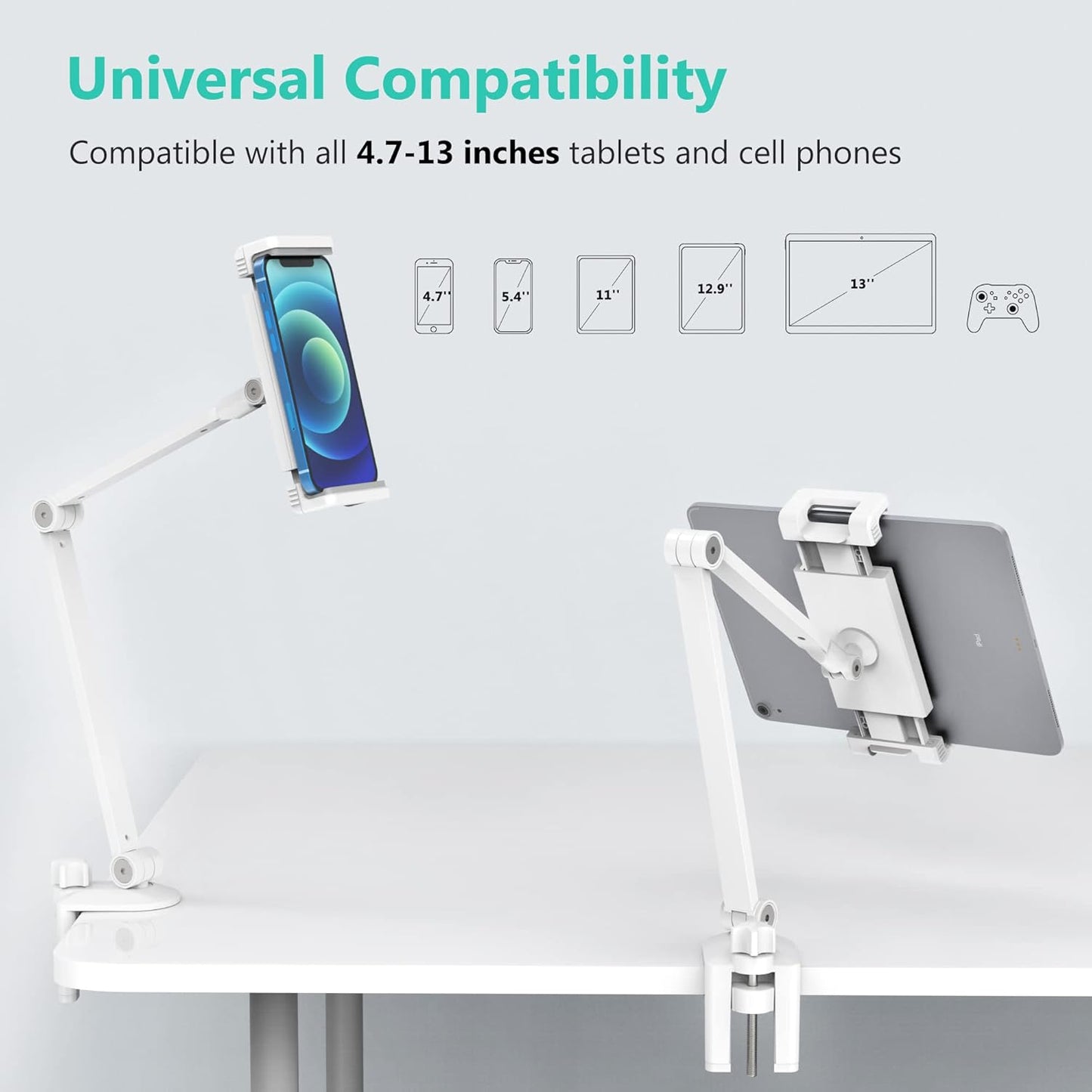 iPad Desk Mount, Tablet Holder, Multi-Angle Adjustable Tablet Stand for 4.7''- 13'' Screen Microsoft Surface Pro Series, iPad Series(White)