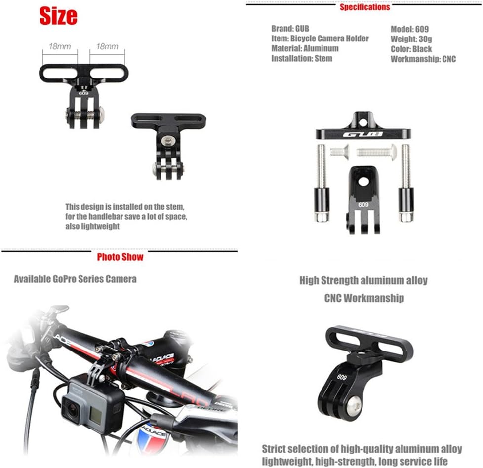 GUB Bike Camera Mount,Aluminium Bicycle Stem Front Camera Holder Mount Universal for GoPro Garmin Xiaomi SJCAM Action Camera (BLACK09)