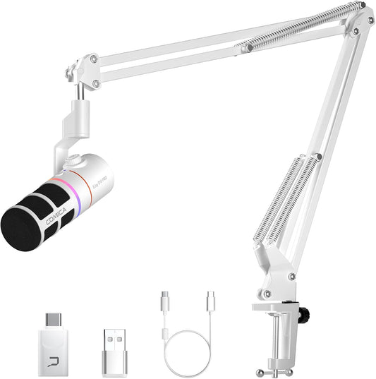 EJoy D10 PRO(A) USB Wireless Gaming Microphone – Boom Arm Mic with Wired/Wireless Modes, XLR/USB-C, Real-Time Monitoring, 45H Battery, RGB Dynamic Mic for Gaming, Streaming, Podcast, Recording (White)