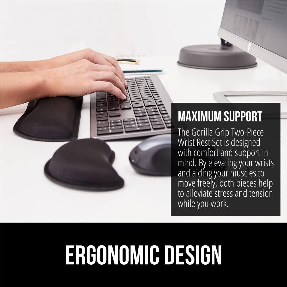 GORILLA GRIP Silky Gel Memory Foam Wrist Rest for Computer Keyboard, Mouse, Ergonomic Design for Typing Pain Relief, Desk Pads Support Hand and Arm, Mousepad Rests, Stain Resistant, 2 Piece Pad, Black