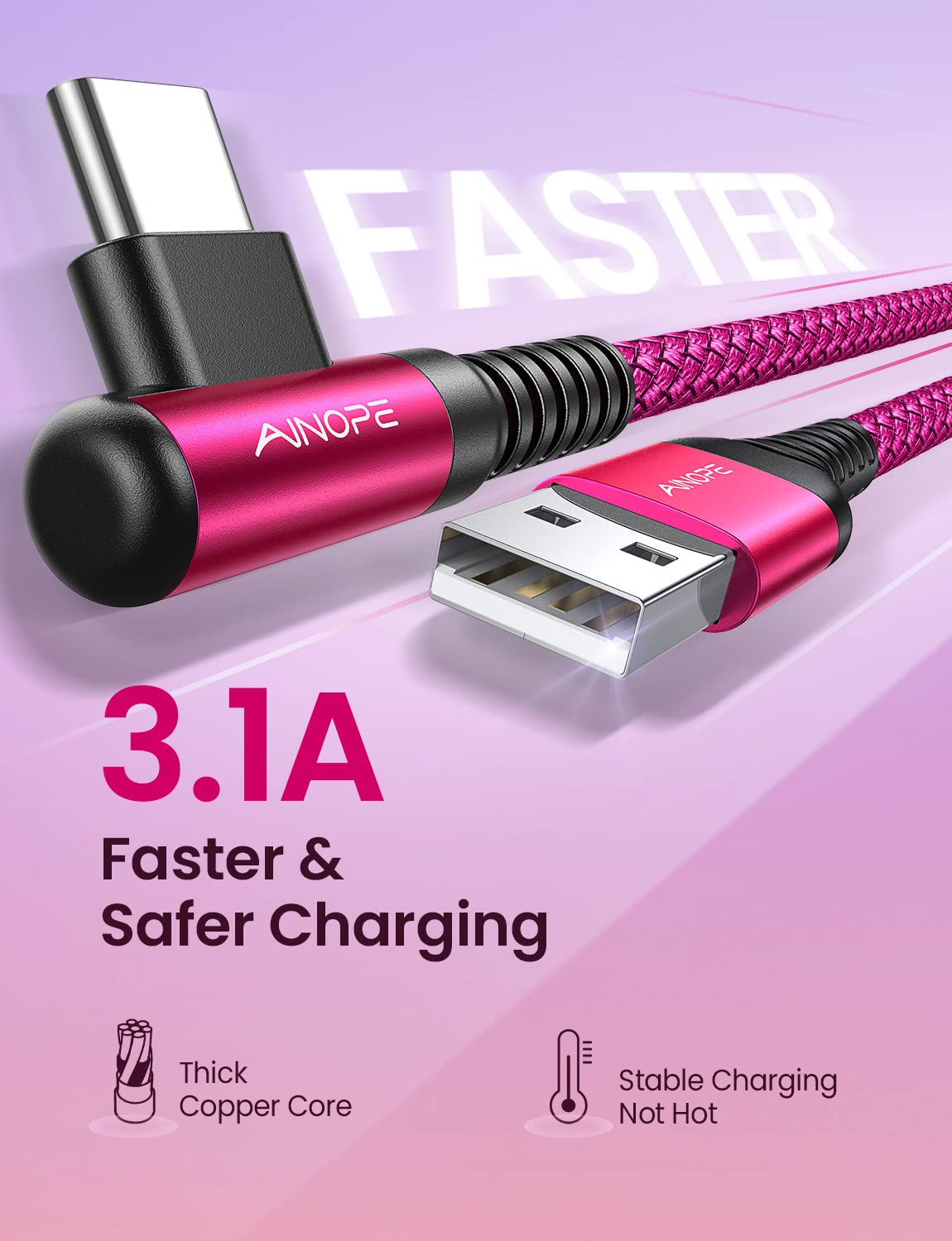 AINOPE Type C Cable [2-Pack, 6.6ft] 3.1A Type C Charger Fast Charging Right Angle, Resistant Nylon Braided S9 Charger Compatible with Galaxy S10 S9 Plus S21, Note 10 9 LG, USB C Cable