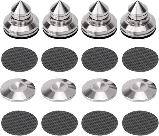 4 Sets Speaker Isolation Stand Feet, Stainless Steel Speaker Base Pads, Shockproof 28-32mm Adjustable Speaker Vibration Absorber Spike Cone Mats for Amplifier Turntable DAC Recorder CD (27x29x5MM)