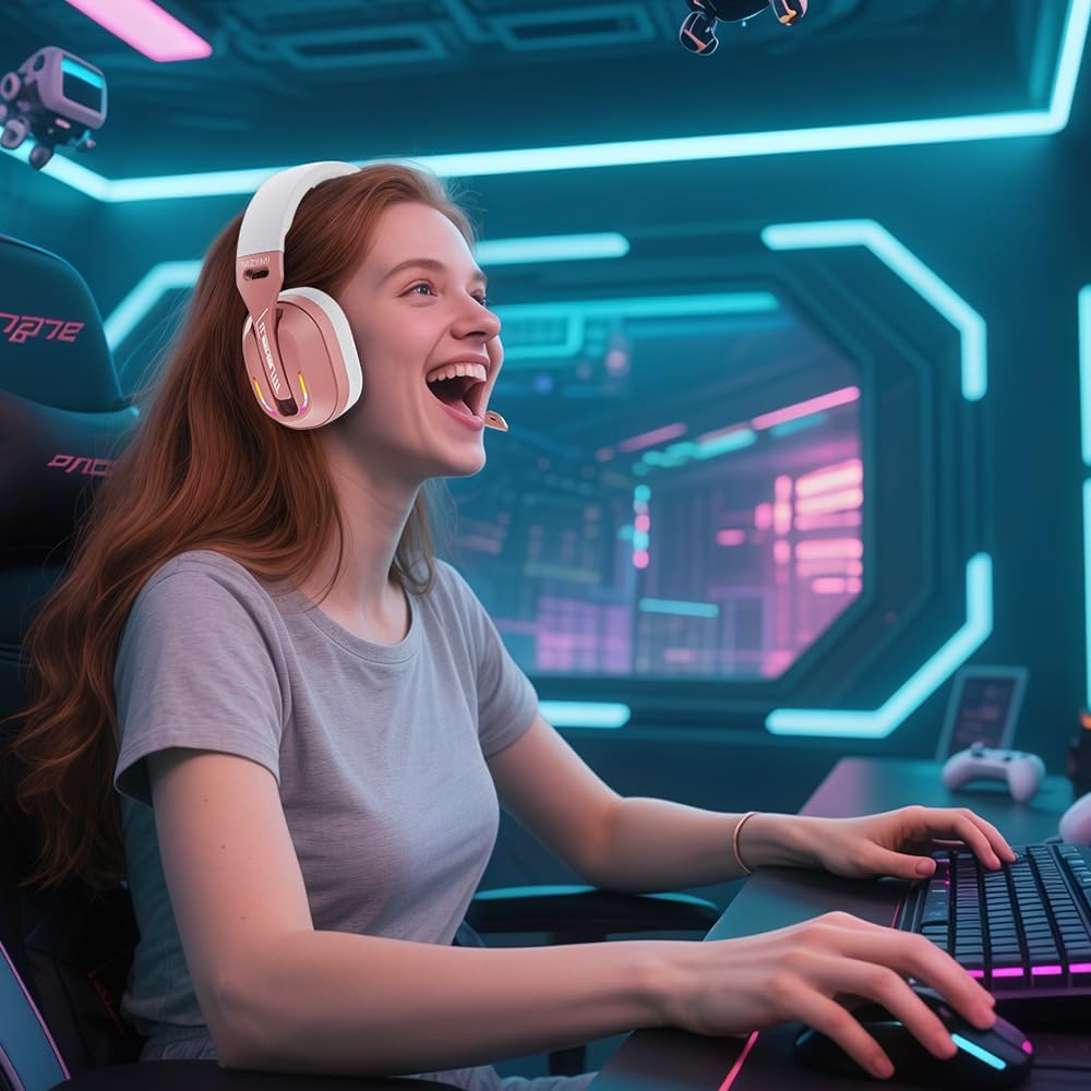 2.4GHz Wireless Gaming Headset for PC, PS5, PS4, Switch - Bluetooth 5.4, 20H Battery, with ENC Noise Canceling Microphone, Cool Lighting, 40mm Drivers,for Wired Mode Xbox Series -Rose Gold