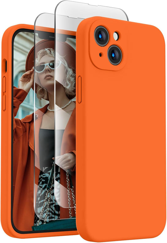 FireNova Designed for iPhone 14 Case, Silicone Upgraded [Camera Protection] Phone Case with [2 Screen Protectors], Soft Anti-Scratch Microfiber Lining Inside, 6.1 inch, Neon Orange