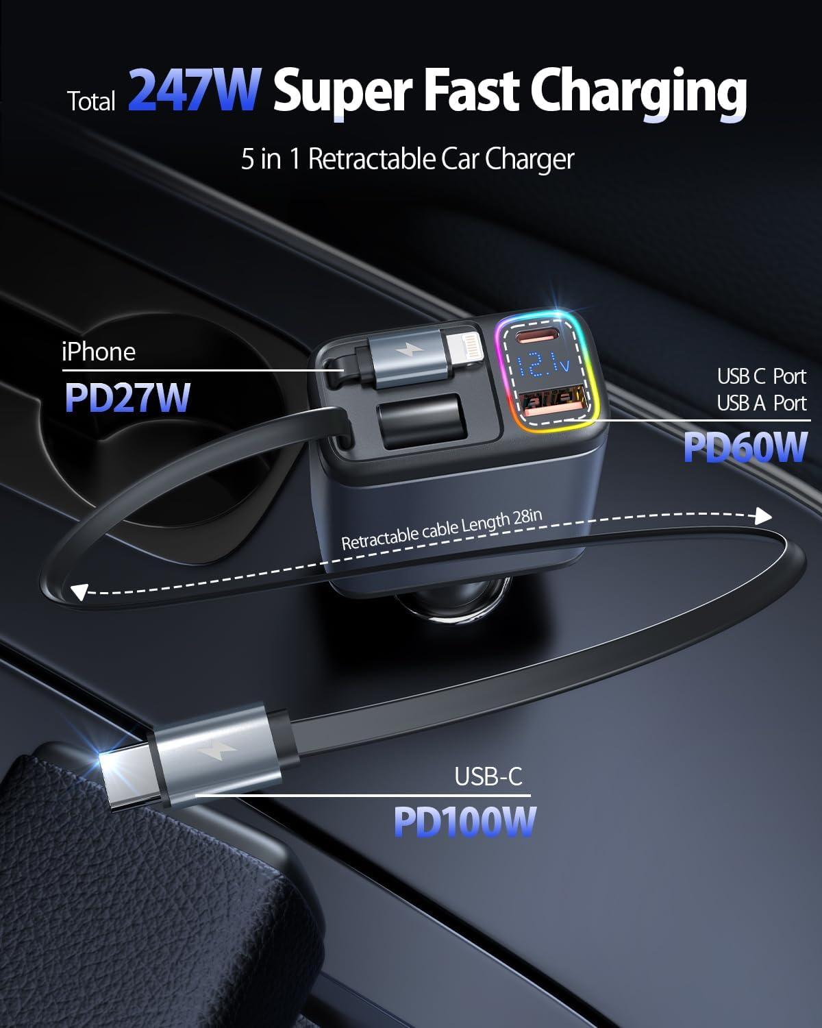 247W Retractable Car Charger with Voltage Monitor&Multicolored Light,5 in 1 USB C Car Charger with 2 Retractable Cable for iPhone 16 15 Pro Max Plus,Laptop,MacBook Air/Pro,Samsung Galaxy S25 S24,iPad