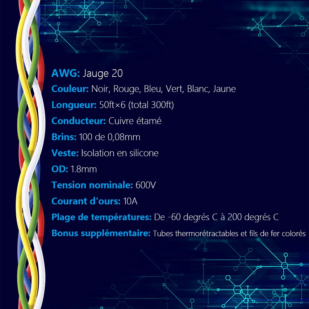 Fermerry 20 AWG Stranded Wire Spool 50ft Each 6 Colors Flexible 20 Gauge Silicone Hook up Wire Kit Electrical Tinned Copper Wire