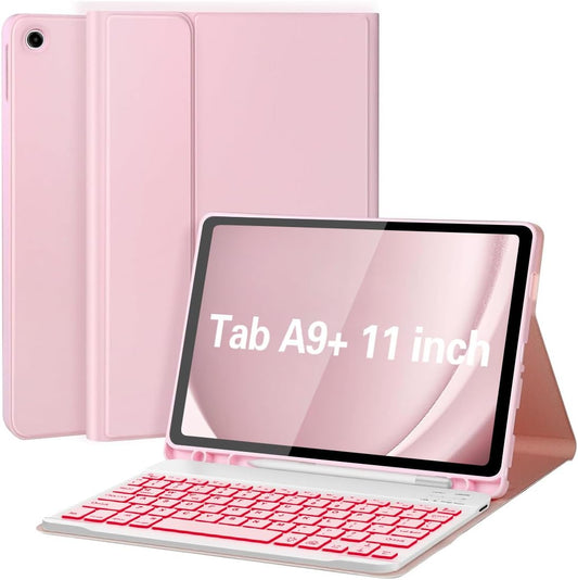 Galaxy Tab A9 Plus Case with Keyboard 5G 11 Inch 2023 (SM-X210/X216/X218), 7 Color Backlit Detachable Tablet Keyboard Cover with S Pen Holder for Samsung Galaxy Tab A9+ 11" (Pink)