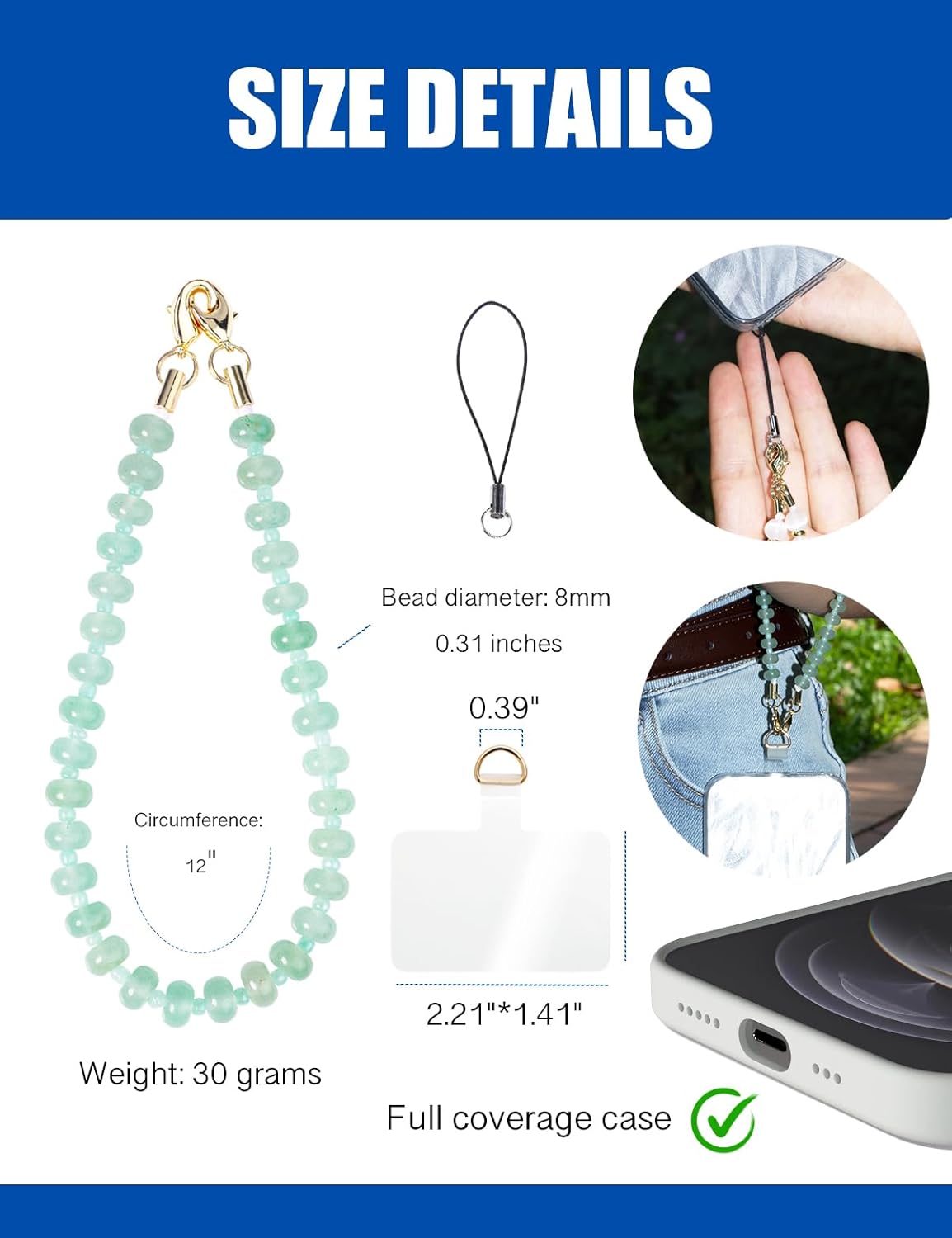 Handmade Natural Gemstone Beaded Charm Cell Phone Camera Lanyard, Wrist Strap, Phone Chain String, Keychain Decor for Wallet, Stanley Cup Accessories (Green Aventurine)