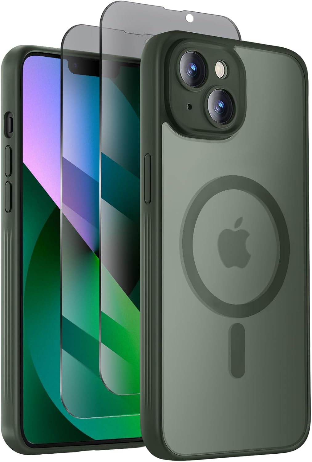 Designed for iPhone 13 Case, Compatible with MagSafe, with Privacy Screen Protectors X2, [Camera Protection] [15FT Military Drop Protection] Shockproof Phone Case, 6.1", Alpine Green
