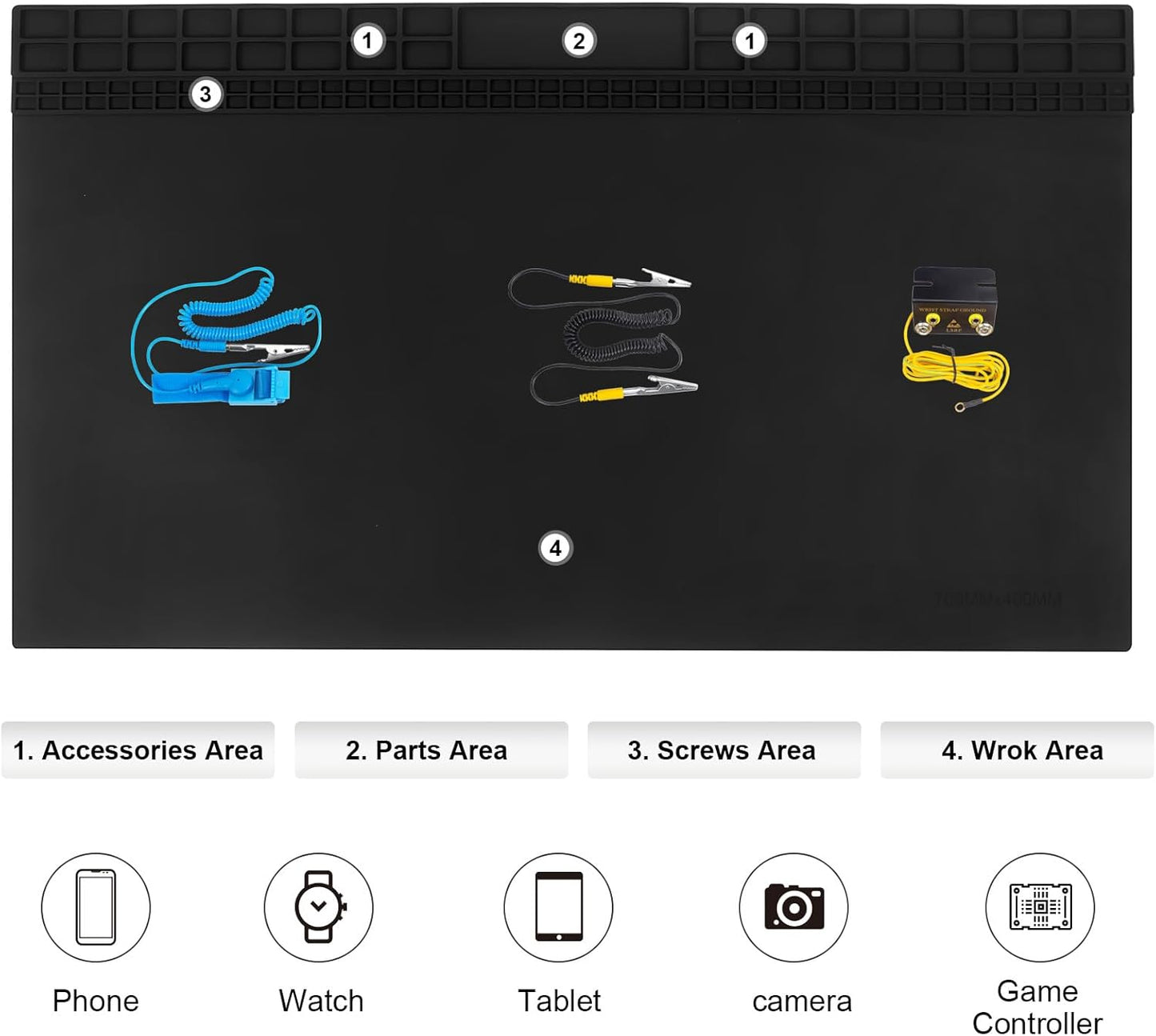 Anti Static Soldering Mat, Extra Large 27.6" x 15.7" Heat Resistant 932°F Large Silicone ESD Safe Work Mat with Grounding Accessories and Anti Static Wrist Strap (Black)