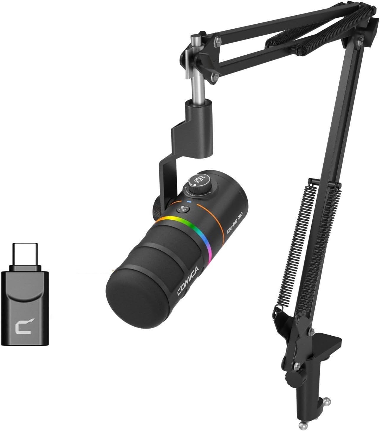 COMICA D10 Pro A Wireless/XLR/USB Dynamic Microphone with Receiver Boom Arm Stand- Dual Channel Cardioid Mic, 45H Battery, RGB Lights, CalMix Denoise for Gaming/Streaming/PD(PC, PS4/5, Mac,Phone)Black